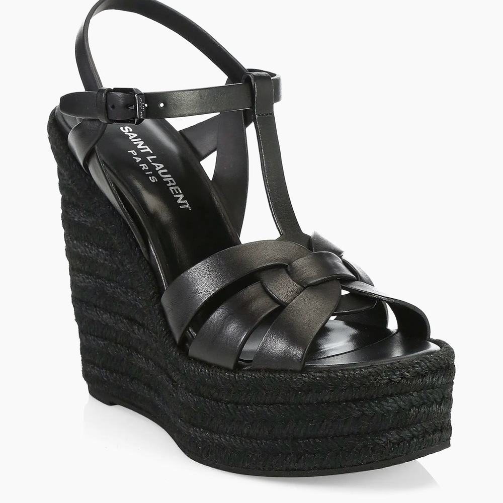 Saint Laurent Black Wedge Espadrilles with Glossy Leather Straps